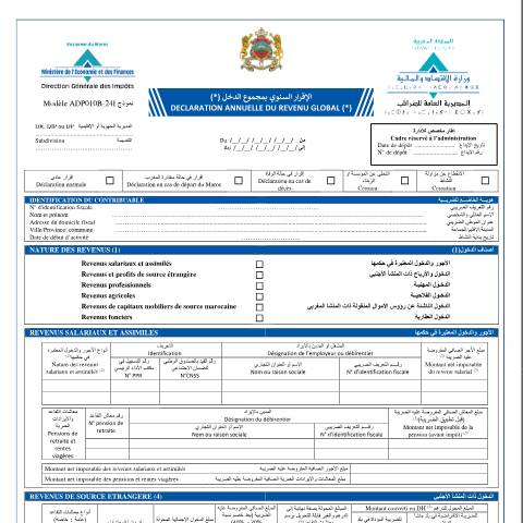 Aperçu du document الإقرار  السنوي بمجموع الدخل — Impôt sur le revenu, Maroc (CERFA n°ADP010B-24I)